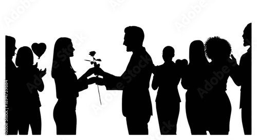 A romantic gesture of a man giving a rose to a woman in a celebratory gathering silhouette