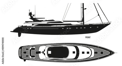Luxury Motor Yacht Blueprint Top and Side View.