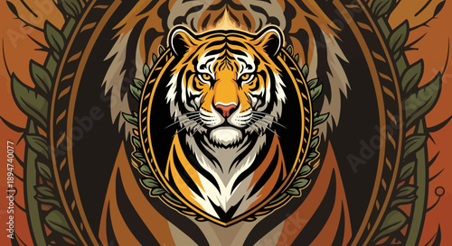 Majestic Tiger Head Illustration with Floral Accents.