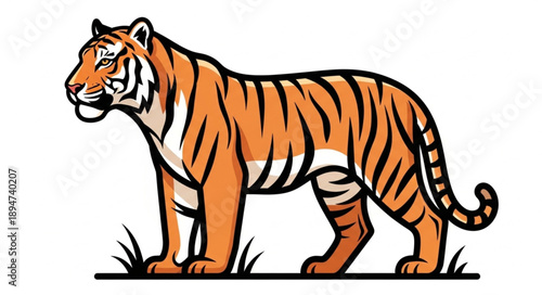 Majestic Tiger Standing Proudly in Tall Grass Illustration.