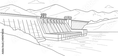Black and white outline drawing illustrating a massive hydroelectric dam structure controlling water flow between rugged mountain ranges under lightly clouded skies.
