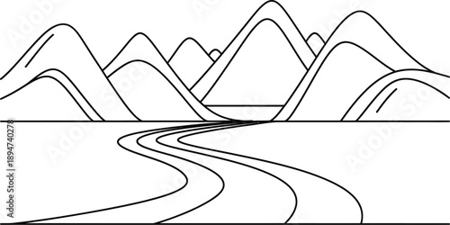 Minimalist line art illustration depicts a winding road leading toward a layered background of stylized mountain ranges creating a sense of travel adventure and journey.