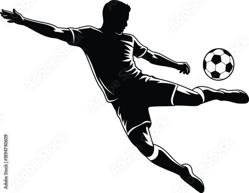 Silhouette of soccer player kicking football in mid air with extended leg and arms isolated on white background for sport design