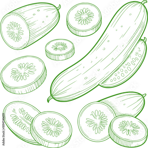 Green line of whole and sliced cucumbers