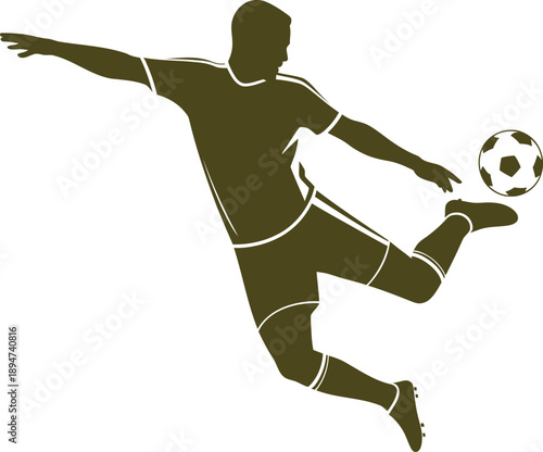 Silhouette of soccer player kicking football with extended arms in dynamic action isolated on white background for sport design