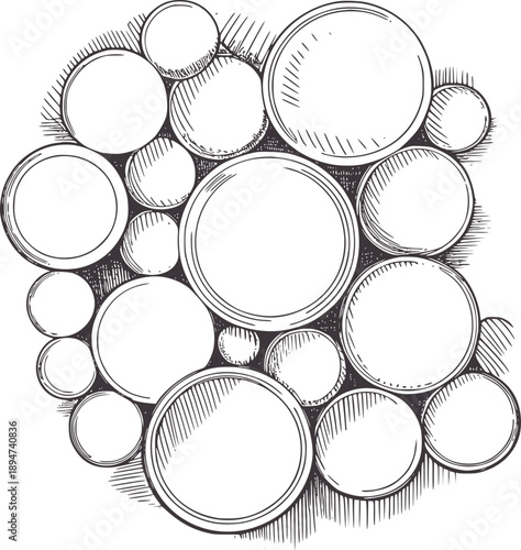 Hand drawn of overlapping circles with hatching and shading