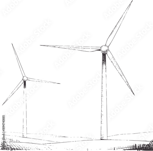 Hand drawn of two wind turbines in a field energy power