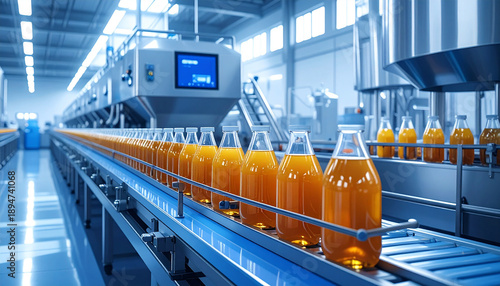Modern beverage bottling line in industrial factory with glass bottles on conveyor belt, automated drink production.