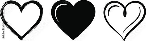 Three black heart icons in outline and solid styles isolated on white background for love and valentine design concepts