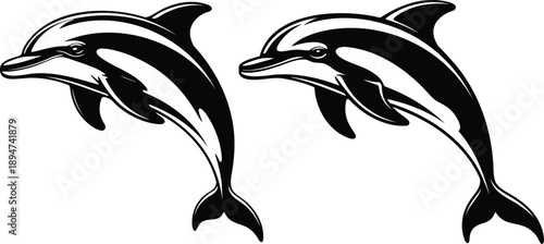 Two black dolphin silhouettes jumping symmetrically isolated on white background for marine wildlife and nature design