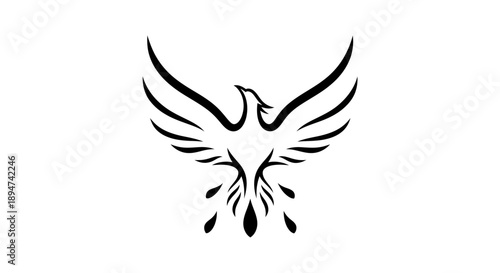 Black silhouette of a bird in flight with droplets falling from its body on a white