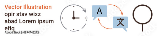 Localization, time management, global communication, translation services, content adaptation, efficiency. Clock and language icons connected with arrows, plus magnifying glass. Localization