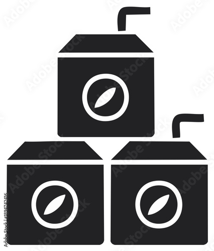 Stack of three juice cartons with straws and circular logos, simplified vector art