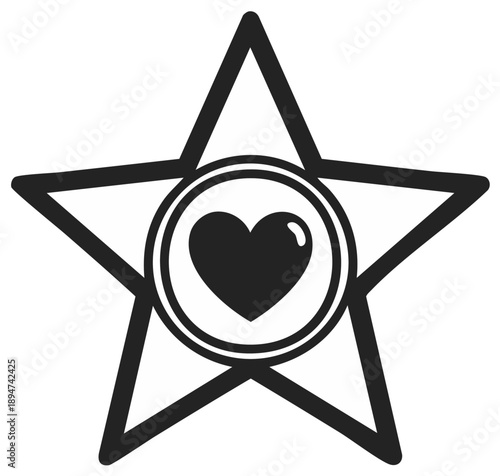 Star outline enclosing heart symbol centered within circle, representing love, appreciation, or reward, bold minimalist graphic style.
