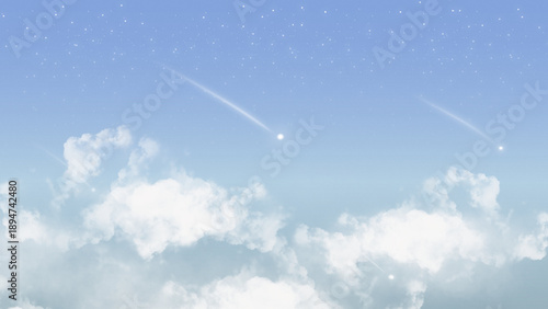 Dreamy sky illustration featuring soft white clouds beneath a gentle blue celestial sky. Subtle starlight and glowing shooting stars cross the atmosphere, creating a calm and magical scene.