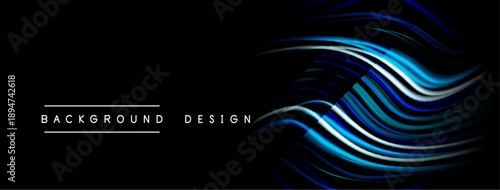 Abstract flowing lines create dynamic visual effect. Dark background emphasizes bright blue, silver curves. Modern design element.
