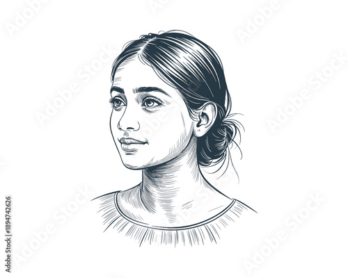 woman in a simple bun looking left