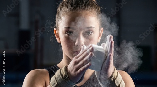 A focused gymnast applies c...