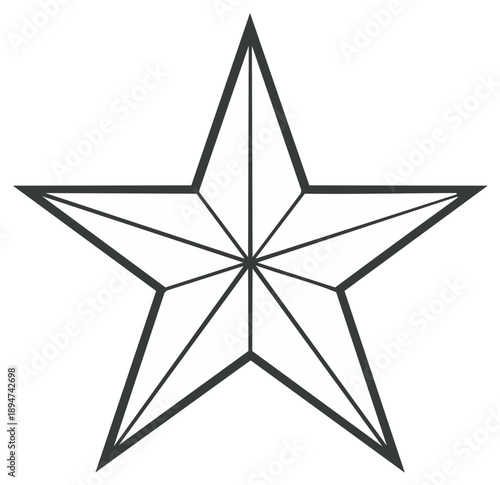 Geometric faceted five-pointed star symbol. Black and white line art illustration.