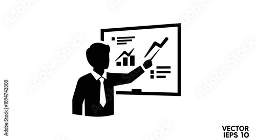 Man presenting data on a whiteboard with charts and graphs.