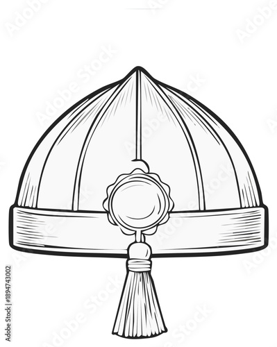 Stylized illustration of a regal military hat with a prominent tassel and decorative emblem