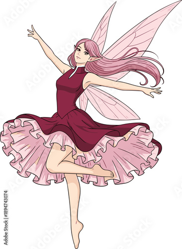 Beautiful anime style fairy girl illustration with pink wings and burgundy dress dancing gracefully isolated on white background for fantasy character design and storytelling
