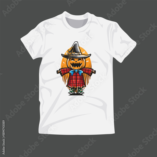 Halloween scarecrow pumpkin illustration on white T-shirt mockup
