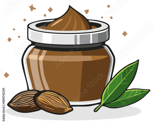 Nut butter cream in glass jar with almonds and green leaves illustration