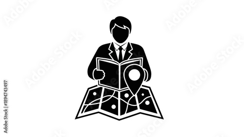 Man in Suit Reading Map with Location Pin Icon.