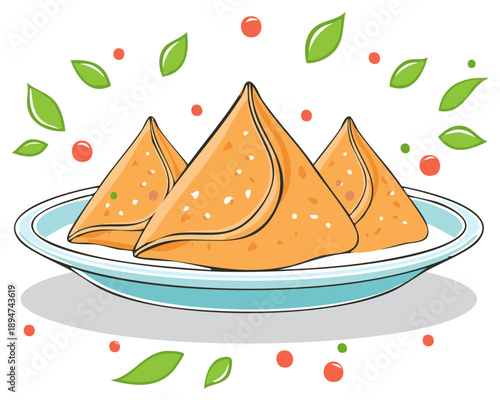 Samosas on a Plate with Green Leaves and Berries: Traditional Snack