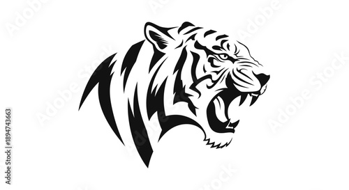 Black and white graphic illustration of a roaring tiger's head in profile