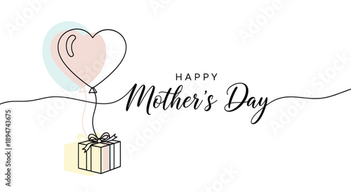 Continuous line drawing of a heart balloon and gift with gentle pastel colors, wishing happy mother's day on white.