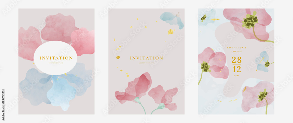 Fototapeta premium watercolor floral wedding invitation vector set with soft pink pastel shapes and modern artistic composition. Elegant design for wedding cards, gala invitations, events, posters and stationery.