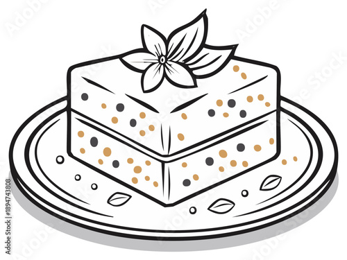 Elegant dessert drawing with flower garnish on round plate, vector outline for culinary illustration