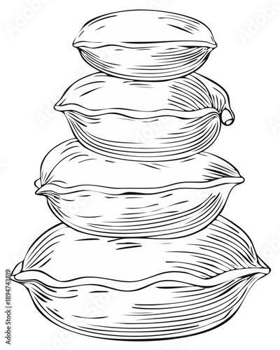 Stack of four plump pillows in a simple line drawing illustration style