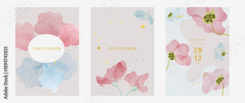 watercolor floral wedding invitation vector set with soft pink pastel shapes and modern artistic composition. Elegant design for wedding cards, gala invitations, events, posters and stationery.