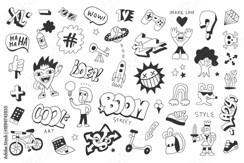  Summer lifestyle kid's funny graffiti doodles hand drawn characters sign and symbols, vector sketch illustration