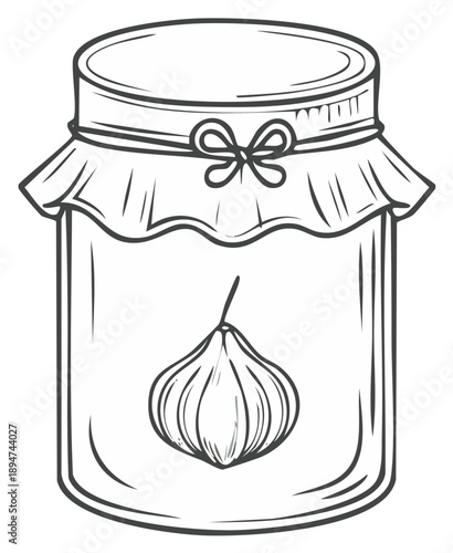 Glass jar with single garlic bulb outline drawing for homemade food preservation illustration