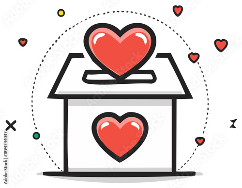Charity donation box with hearts, hand-drawn illustration symbolizing love and giving