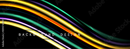 Abstract colorful lines over black background. Dynamic curves create modern visual effect. Bright shades suggest energy, movement.