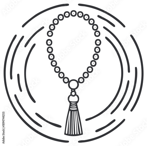 Prayer beads line art illustration with circular design, islamic, worship symbol line art, spiritual tool