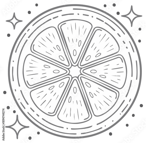 Doodle Style Citrus Slice with Star Details in Gray Outline Graphic