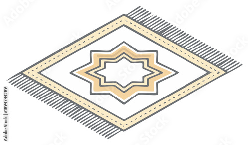 Stylized hand drawn oriental rug with geometric star pattern and fringe detail
