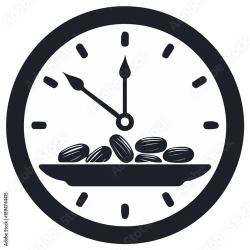 Clock face with plate of seeds indicating snack time or healthy eating schedule