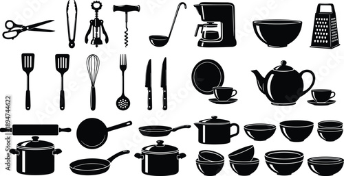 Black kitchenware and cookware silhouette vector set with pots pans bowls kettle coffee maker and utensils isolated on white background for culinary cooking design