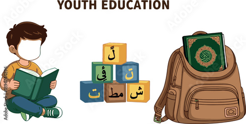 Youth Education Concept with a Boy Reading Book, Arabic Alphabet Blocks and School Bag for Islamic and Religious Learning