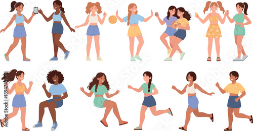 Active Girls Playing and Running Vector Set with Friends, Sports, Friendship Moments, Outdoor Fun and Energetic Cartoon Teen Characters