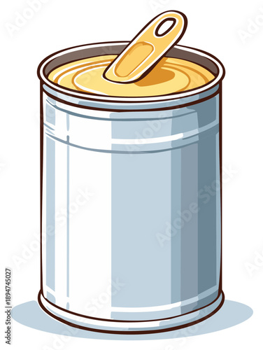 Open can of condensed milk with a pull tab revealing creamy yellow liquid inside