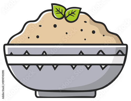 Cartoon-style bowl filled with a light-colored mash and garnished with green leaves