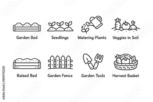 Black and white line icon set showing garden bed, seedlings, watering plants, vegetables in soil, raised bed, fence, tools, and harvest basket